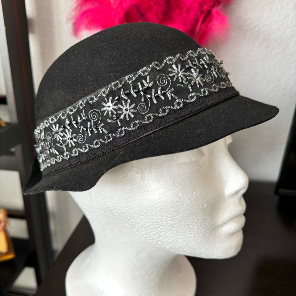 Beaded Black Wool Cloche Hat